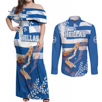 Custom Greece Basketball Couples Matching Off Shoulder Maxi Dress and Long Sleeve Button Shirt Sporty Style with Laurel