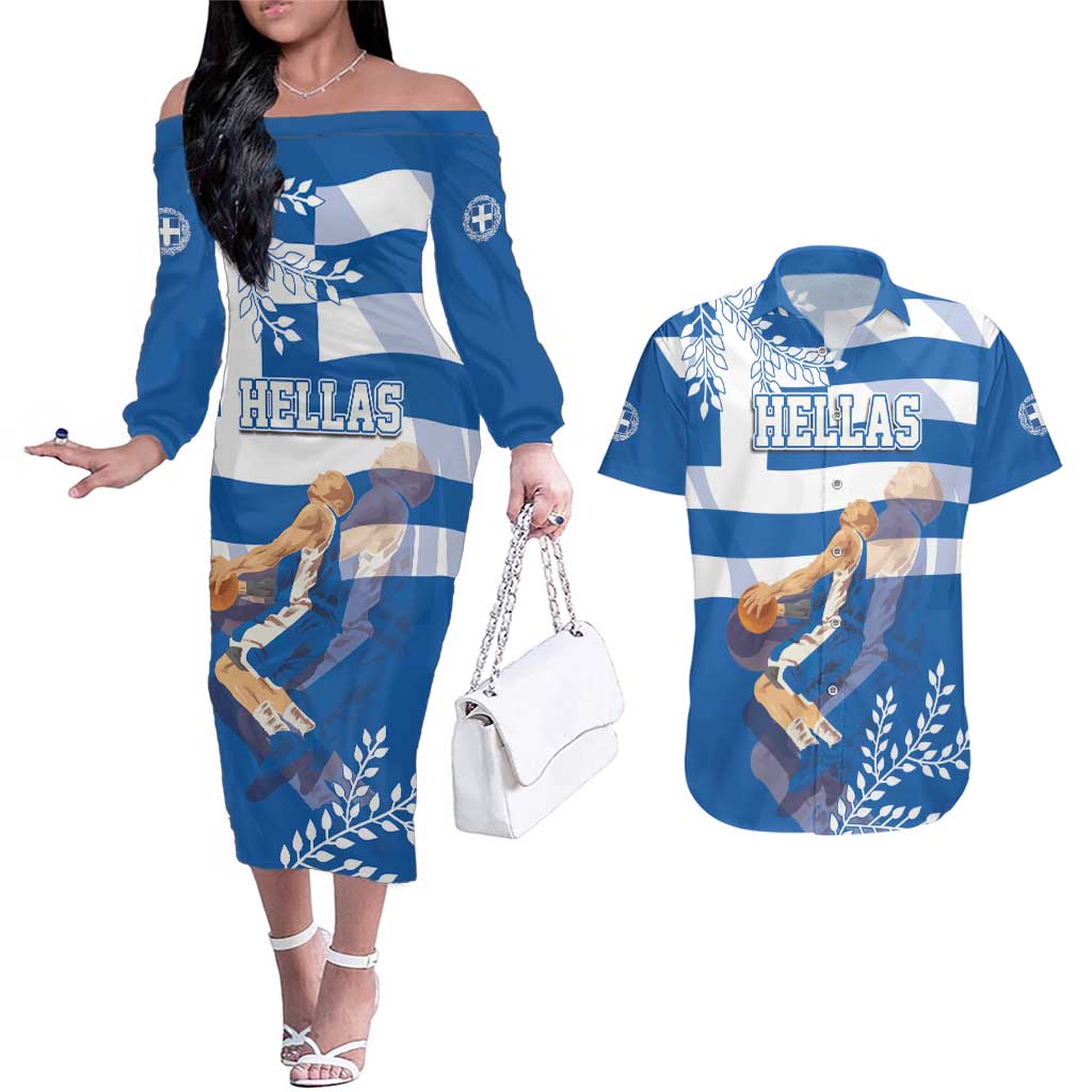 Custom Greece Basketball Couples Matching Off The Shoulder Long Sleeve Dress and Hawaiian Shirt Sporty Style with Laurel