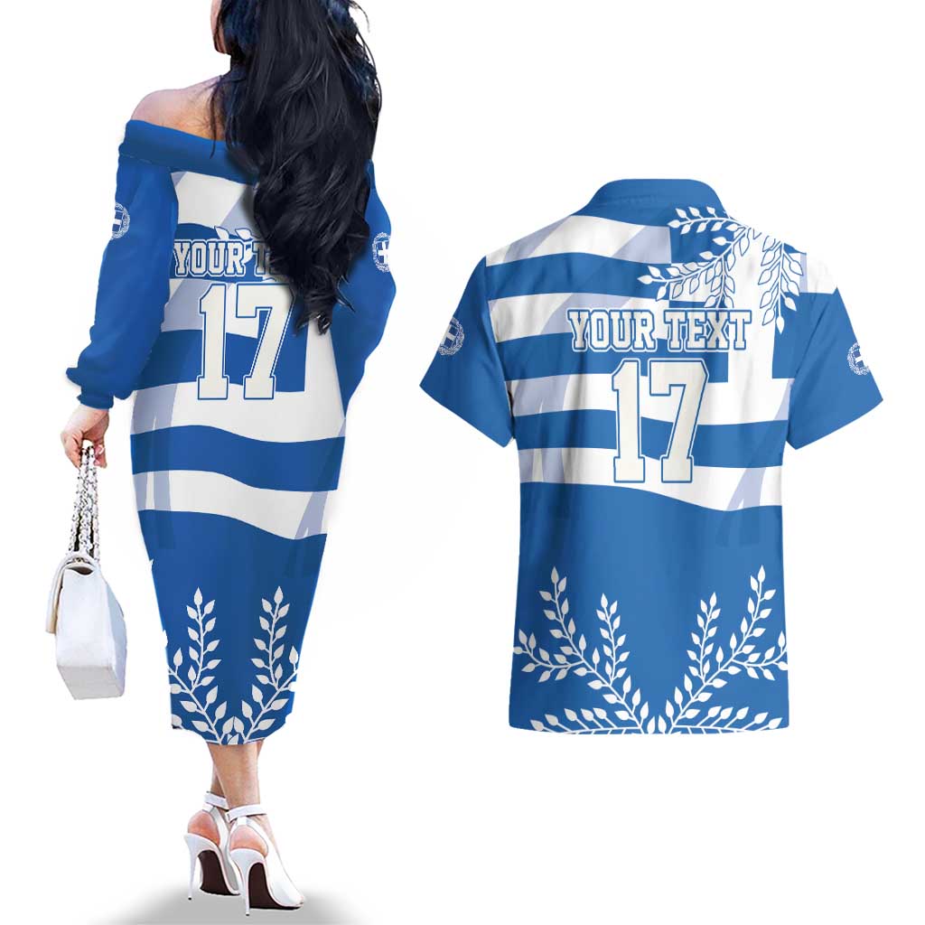 Custom Greece Basketball Couples Matching Off The Shoulder Long Sleeve Dress and Hawaiian Shirt Sporty Style with Laurel