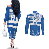 Custom Greece Basketball Couples Matching Off The Shoulder Long Sleeve Dress and Long Sleeve Button Shirt Sporty Style with Laurel