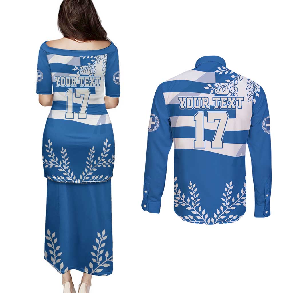 Custom Greece Basketball Couples Matching Puletasi and Long Sleeve Button Shirt Sporty Style with Laurel