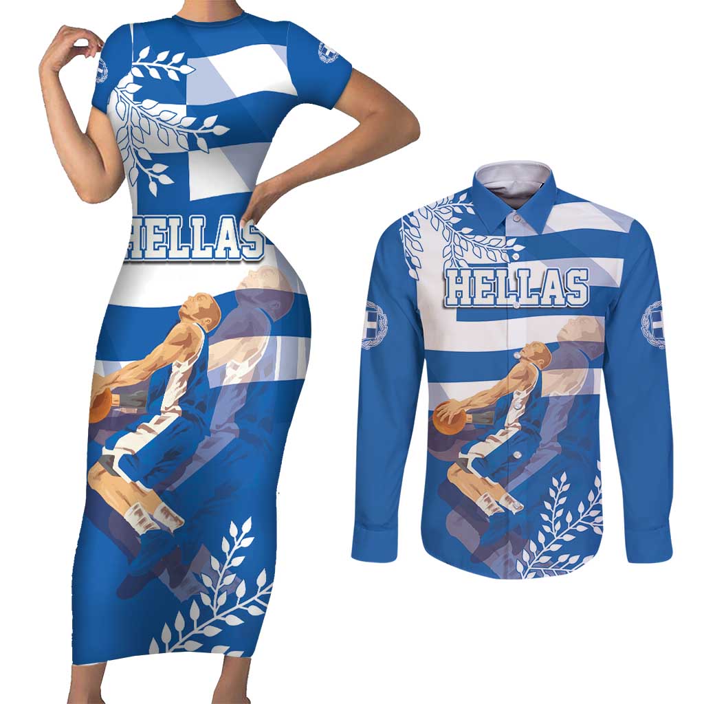 Custom Greece Basketball Couples Matching Short Sleeve Bodycon Dress and Long Sleeve Button Shirt Sporty Style with Laurel