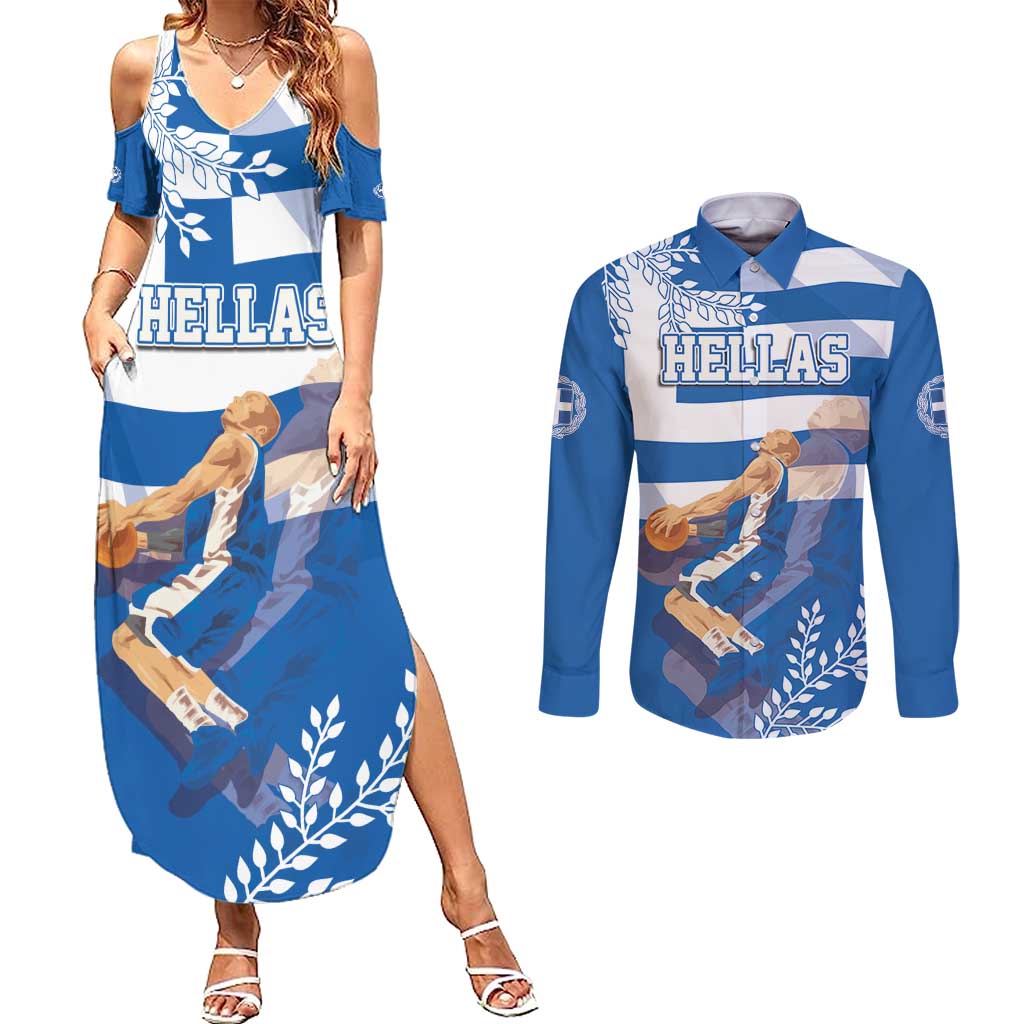 Custom Greece Basketball Couples Matching Summer Maxi Dress and Long Sleeve Button Shirt Sporty Style with Laurel