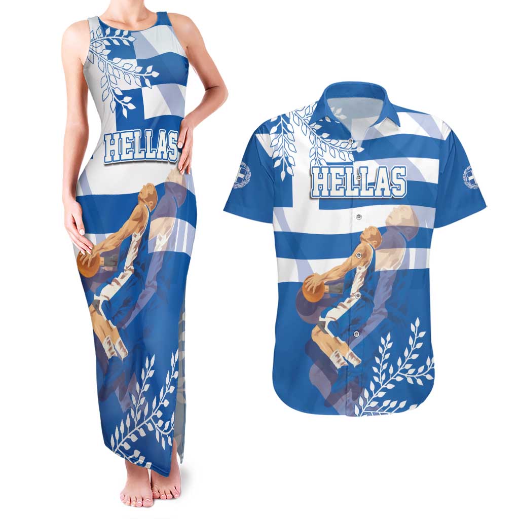 Custom Greece Basketball Couples Matching Tank Maxi Dress and Hawaiian Shirt Sporty Style with Laurel