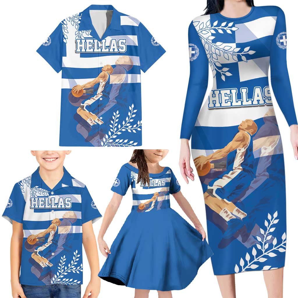 Custom Greece Basketball Family Matching Long Sleeve Bodycon Dress and Hawaiian Shirt Sporty Style with Laurel
