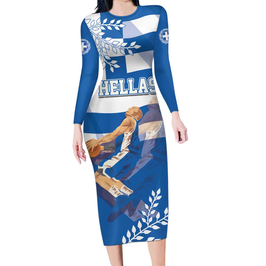 Custom Greece Basketball Family Matching Long Sleeve Bodycon Dress and Hawaiian Shirt Sporty Style with Laurel