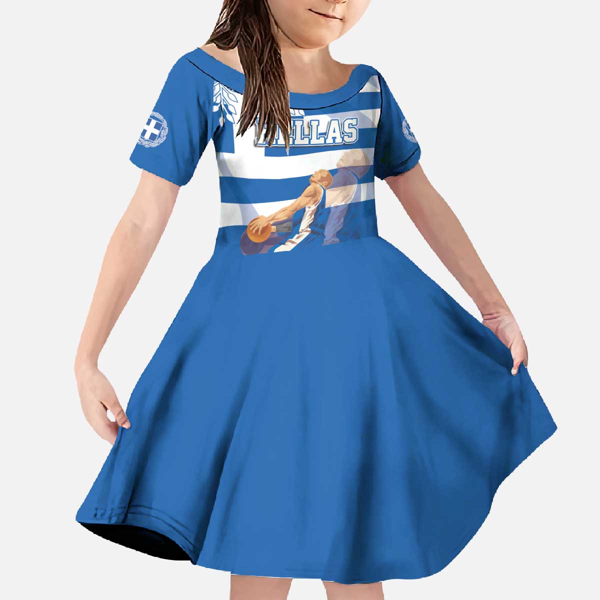 Custom Greece Basketball Family Matching Off The Shoulder Long Sleeve Dress and Hawaiian Shirt Sporty Style with Laurel