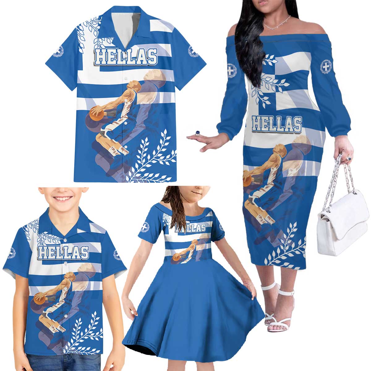 Custom Greece Basketball Family Matching Off The Shoulder Long Sleeve Dress and Hawaiian Shirt Sporty Style with Laurel