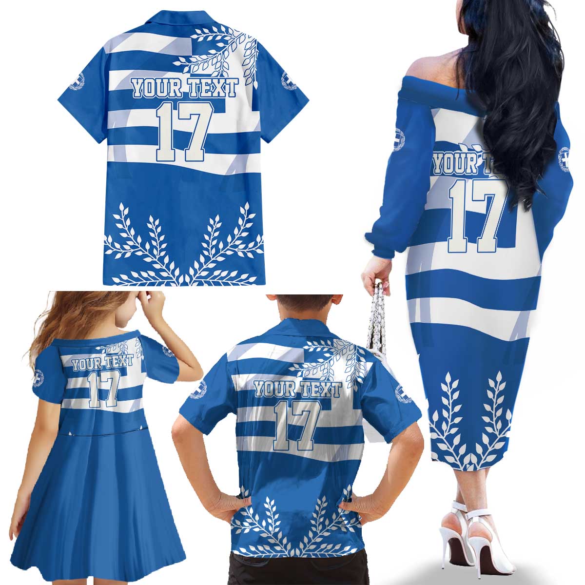 Custom Greece Basketball Family Matching Off The Shoulder Long Sleeve Dress and Hawaiian Shirt Sporty Style with Laurel
