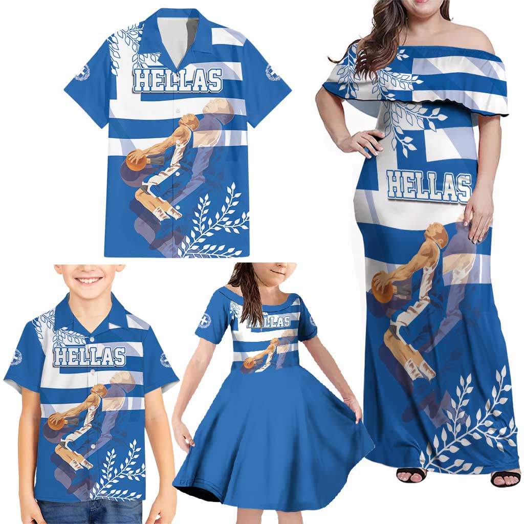 Custom Greece Basketball Family Matching Off Shoulder Maxi Dress and Hawaiian Shirt Sporty Style with Laurel