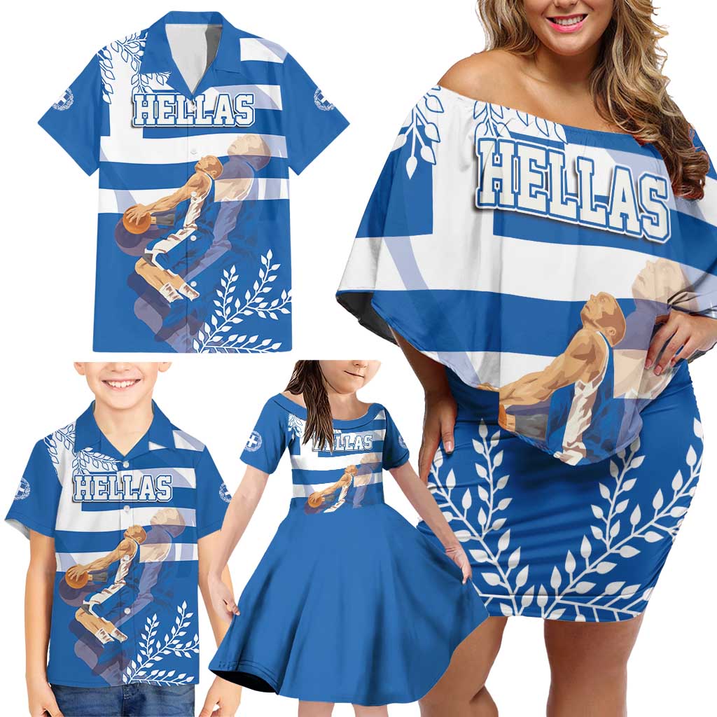 Custom Greece Basketball Family Matching Off Shoulder Short Dress and Hawaiian Shirt Sporty Style with Laurel