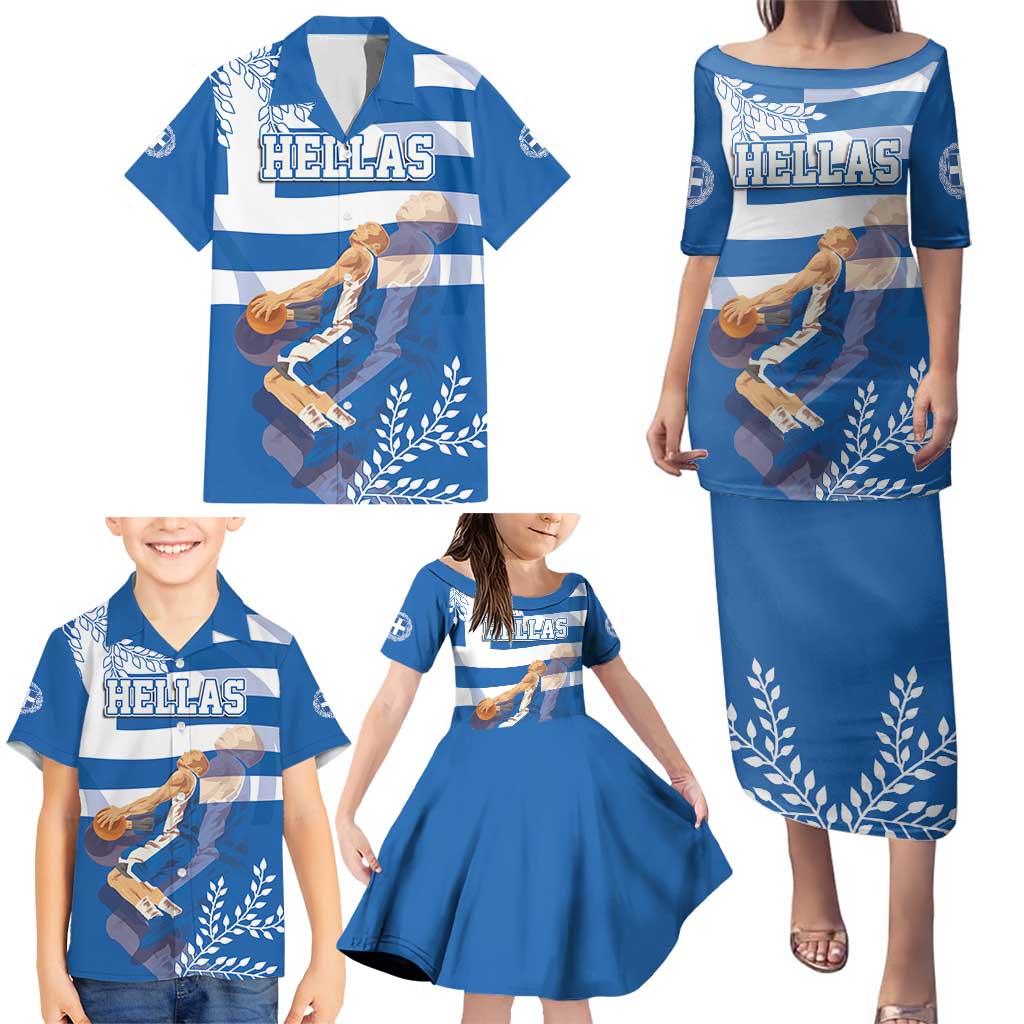 Custom Greece Basketball Family Matching Puletasi and Hawaiian Shirt Sporty Style with Laurel