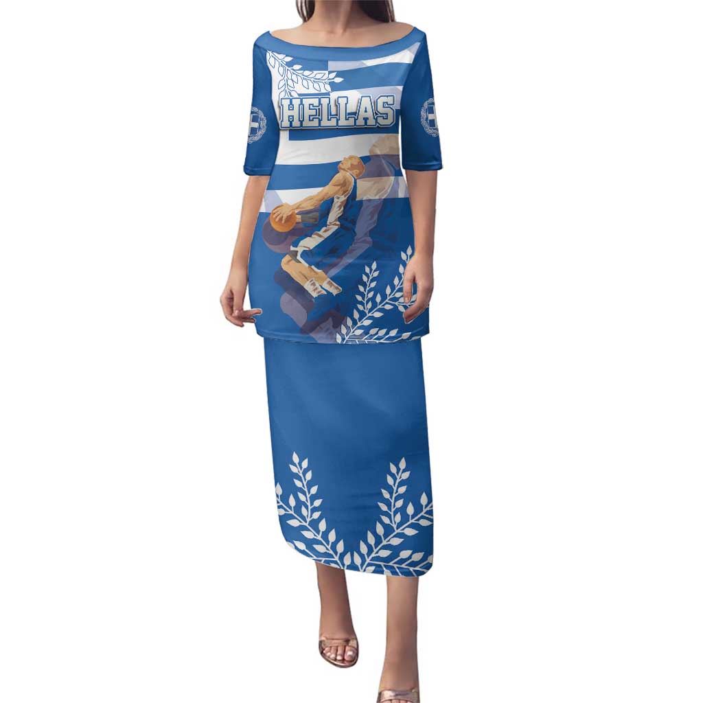 Custom Greece Basketball Family Matching Puletasi and Hawaiian Shirt Sporty Style with Laurel