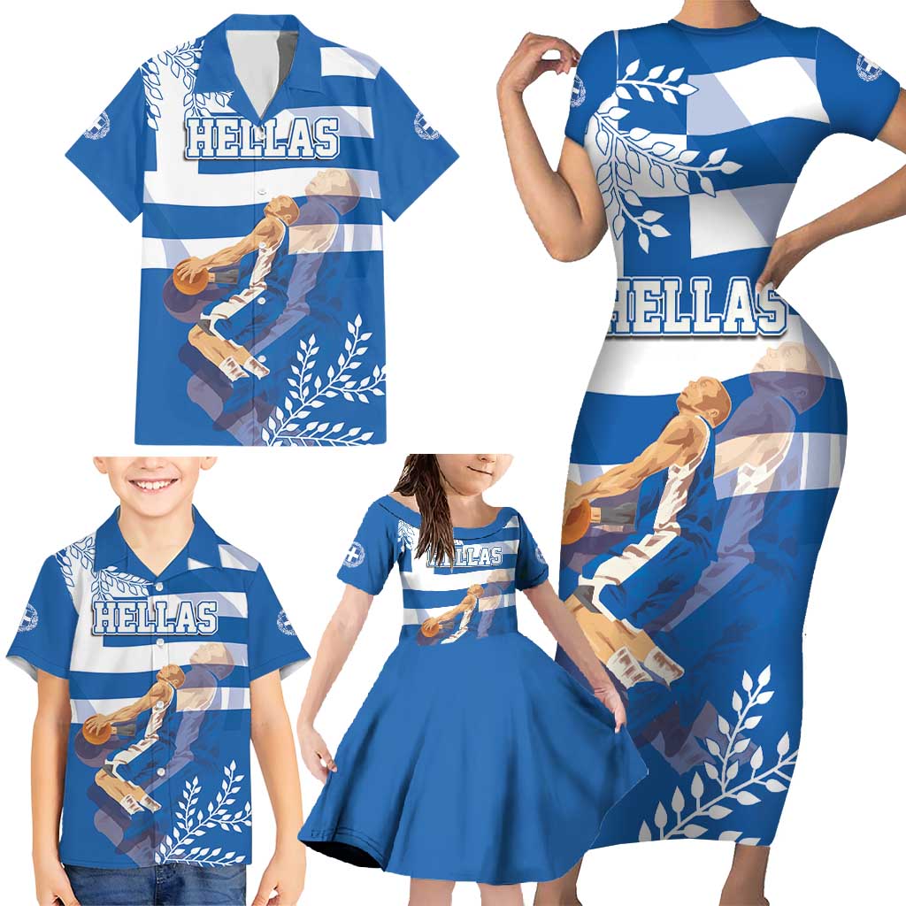 Custom Greece Basketball Family Matching Short Sleeve Bodycon Dress and Hawaiian Shirt Sporty Style with Laurel