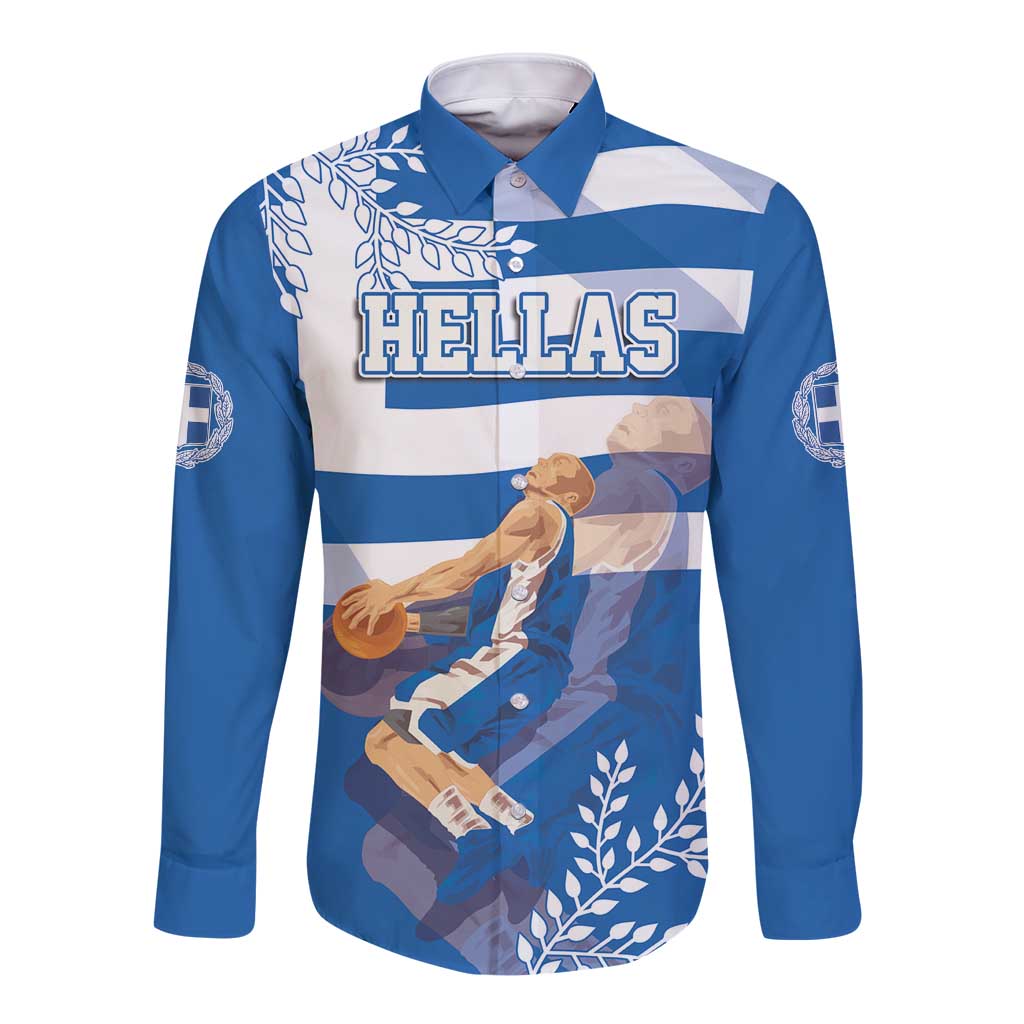 Custom Greece Basketball Long Sleeve Button Shirt Sporty Style with Laurel