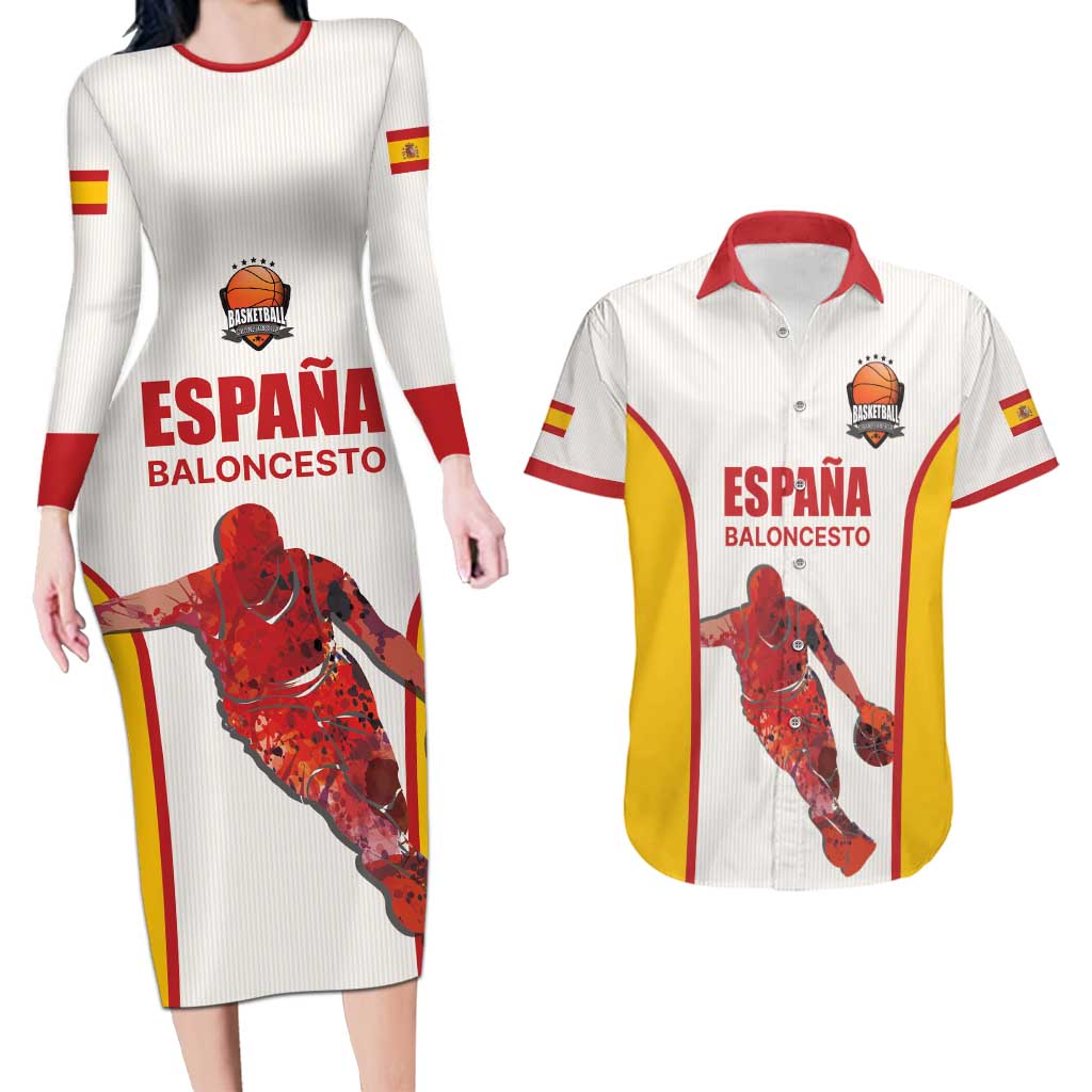 Custom Espana Basketball Spain Couples Matching Long Sleeve Bodycon Dress and Hawaiian Shirt Baloncesto Come on La Roja White Style