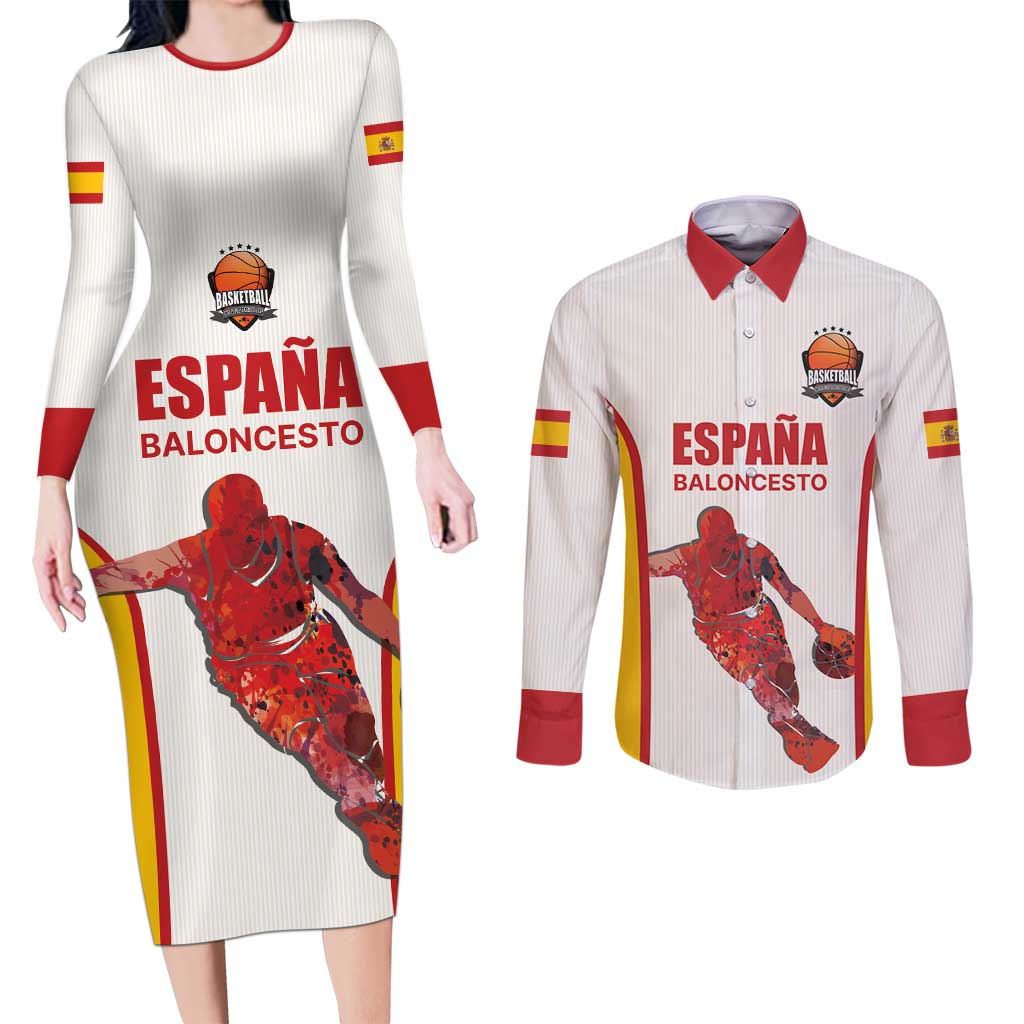 Custom Espana Basketball Spain Couples Matching Long Sleeve Bodycon Dress and Long Sleeve Button Shirt Baloncesto Come on La Roja White Style