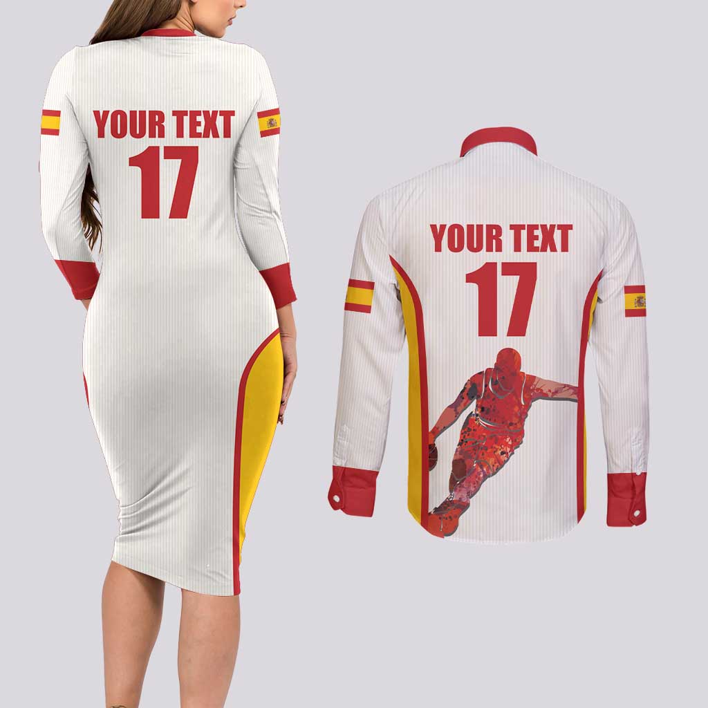 Custom Espana Basketball Spain Couples Matching Long Sleeve Bodycon Dress and Long Sleeve Button Shirt Baloncesto Come on La Roja White Style