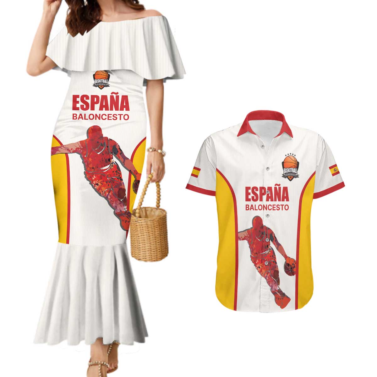 Custom Espana Basketball Spain Couples Matching Mermaid Dress and Hawaiian Shirt Baloncesto Come on La Roja White Style