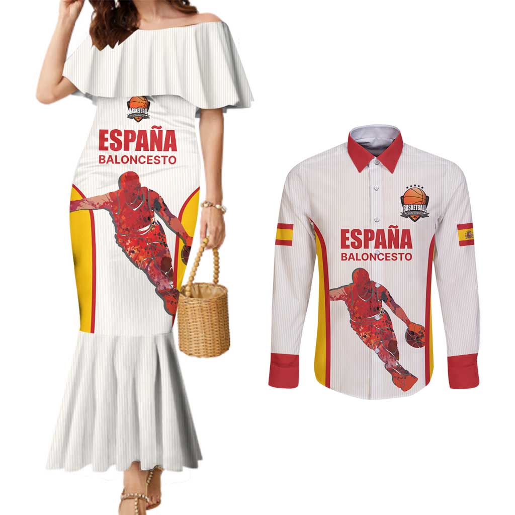 Custom Espana Basketball Spain Couples Matching Mermaid Dress and Long Sleeve Button Shirt Baloncesto Come on La Roja White Style