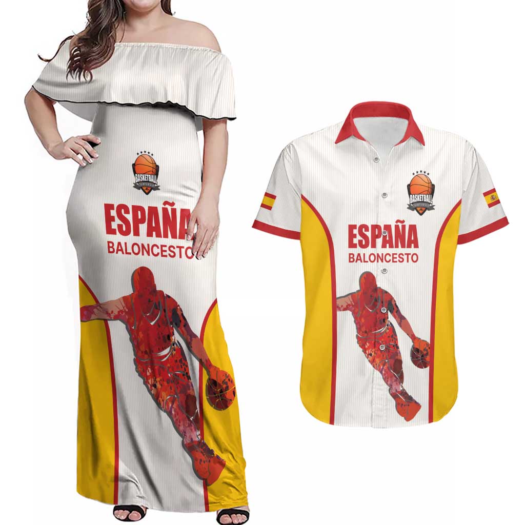 Custom Espana Basketball Spain Couples Matching Off Shoulder Maxi Dress and Hawaiian Shirt Baloncesto Come on La Roja White Style