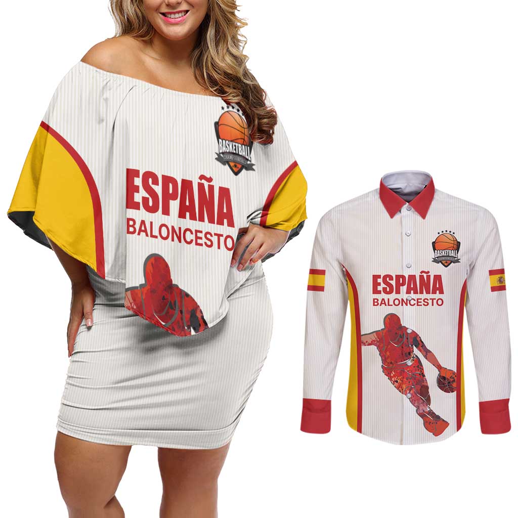 Custom Espana Basketball Spain Couples Matching Off Shoulder Short Dress and Long Sleeve Button Shirt Baloncesto Come on La Roja White Style