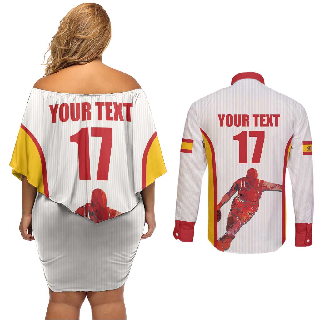 Custom Espana Basketball Spain Couples Matching Off Shoulder Short Dress and Long Sleeve Button Shirt Baloncesto Come on La Roja White Style