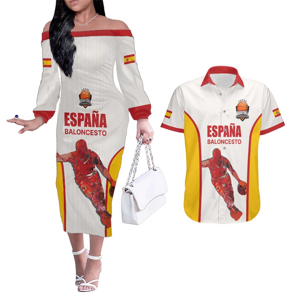 Custom Espana Basketball Spain Couples Matching Off The Shoulder Long Sleeve Dress and Hawaiian Shirt Baloncesto Come on La Roja White Style