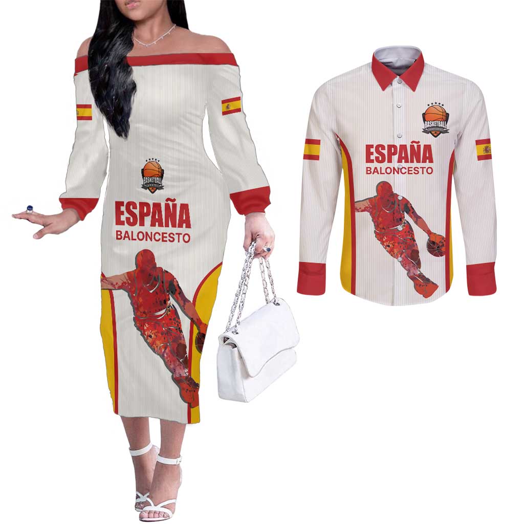 Custom Espana Basketball Spain Couples Matching Off The Shoulder Long Sleeve Dress and Long Sleeve Button Shirt Baloncesto Come on La Roja White Style