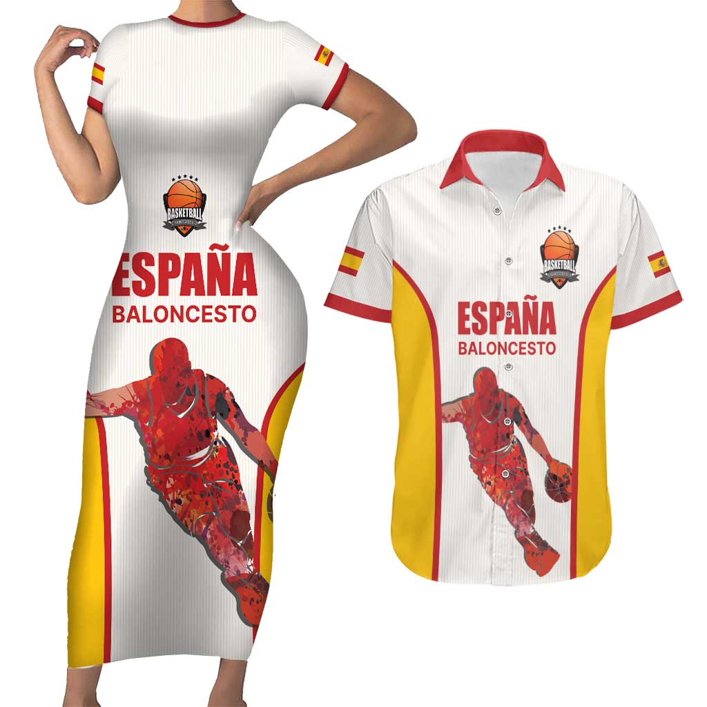Custom Espana Basketball Spain Couples Matching Short Sleeve Bodycon Dress and Hawaiian Shirt Baloncesto Come on La Roja White Style