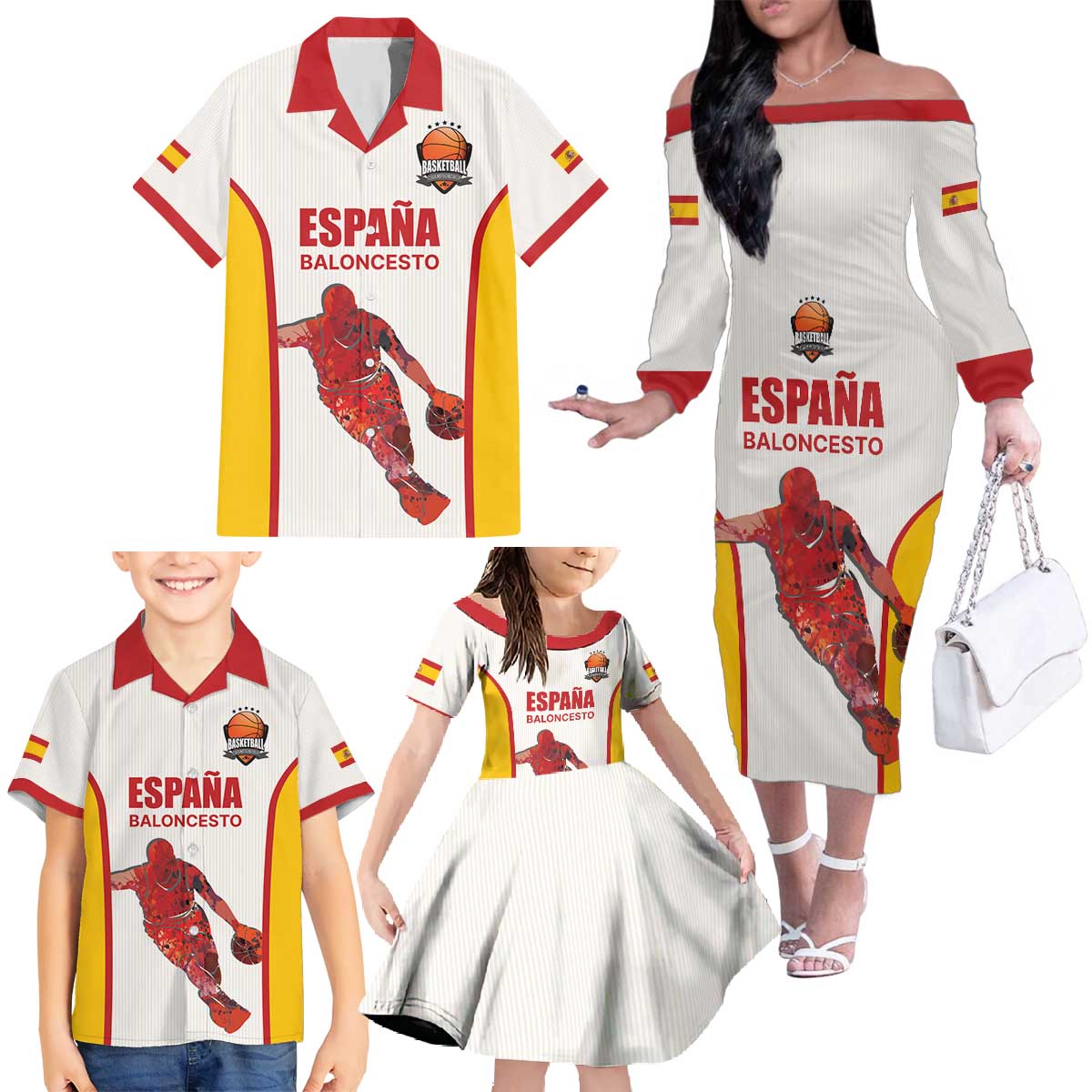 Custom Espana Basketball Spain Family Matching Off The Shoulder Long Sleeve Dress and Hawaiian Shirt Baloncesto Come on La Roja White Style