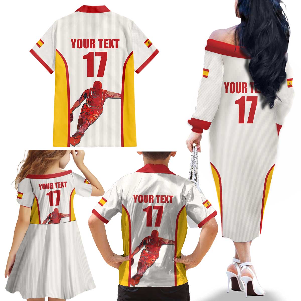 Custom Espana Basketball Spain Family Matching Off The Shoulder Long Sleeve Dress and Hawaiian Shirt Baloncesto Come on La Roja White Style
