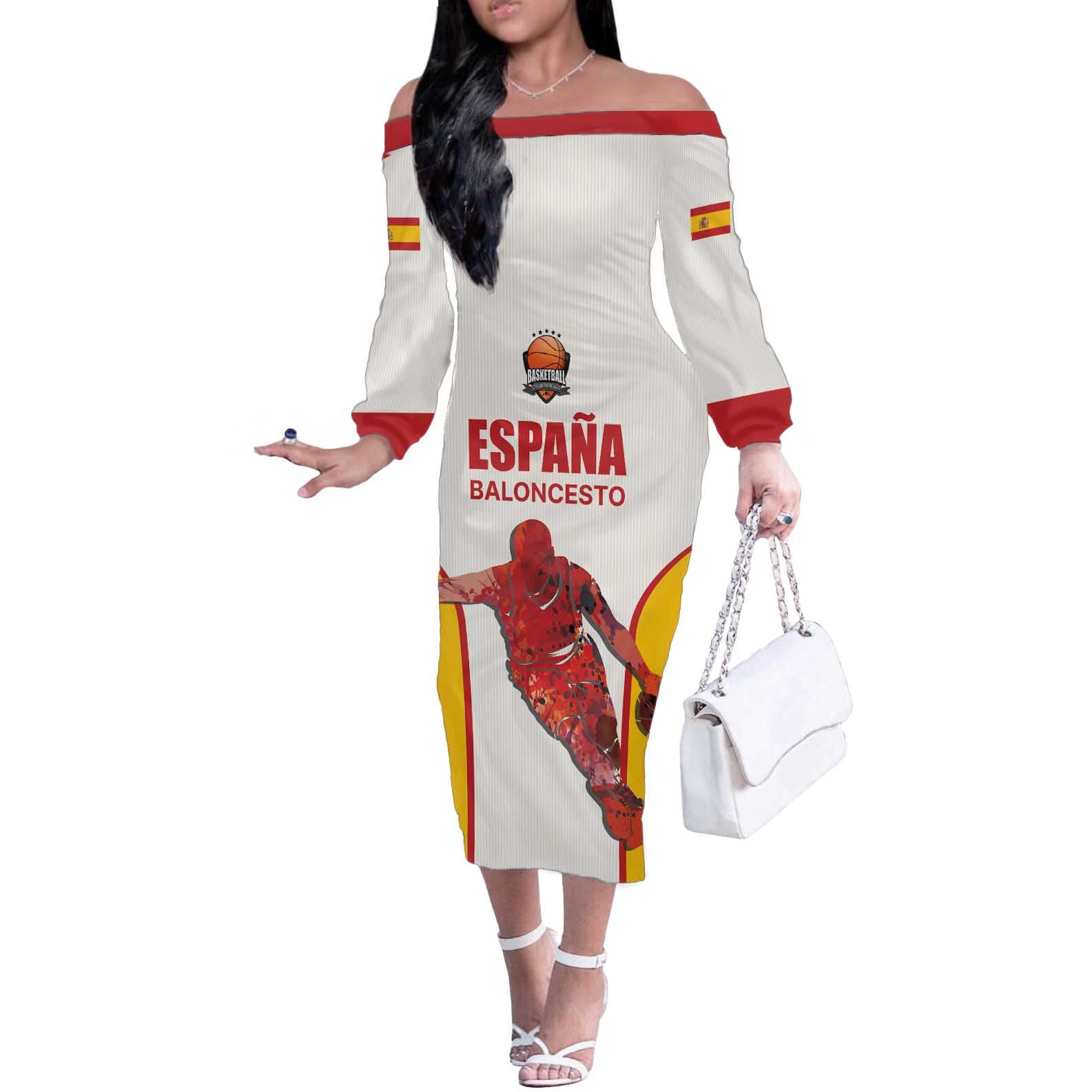 Custom Espana Basketball Spain Off The Shoulder Long Sleeve Dress Baloncesto Come on La Roja White Style