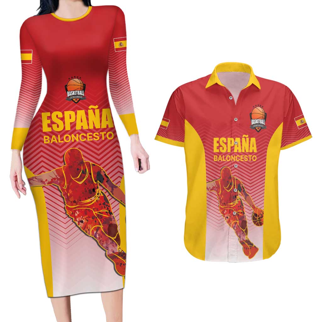 Custom Espana Basketball Spain Couples Matching Long Sleeve Bodycon Dress and Hawaiian Shirt Baloncesto Come on La Roja Red Style