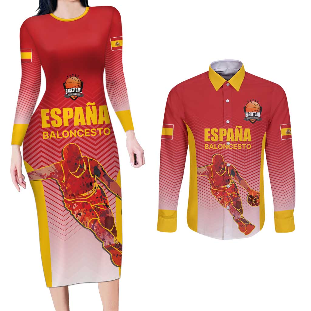 Custom Espana Basketball Spain Couples Matching Long Sleeve Bodycon Dress and Long Sleeve Button Shirt Baloncesto Come on La Roja Red Style