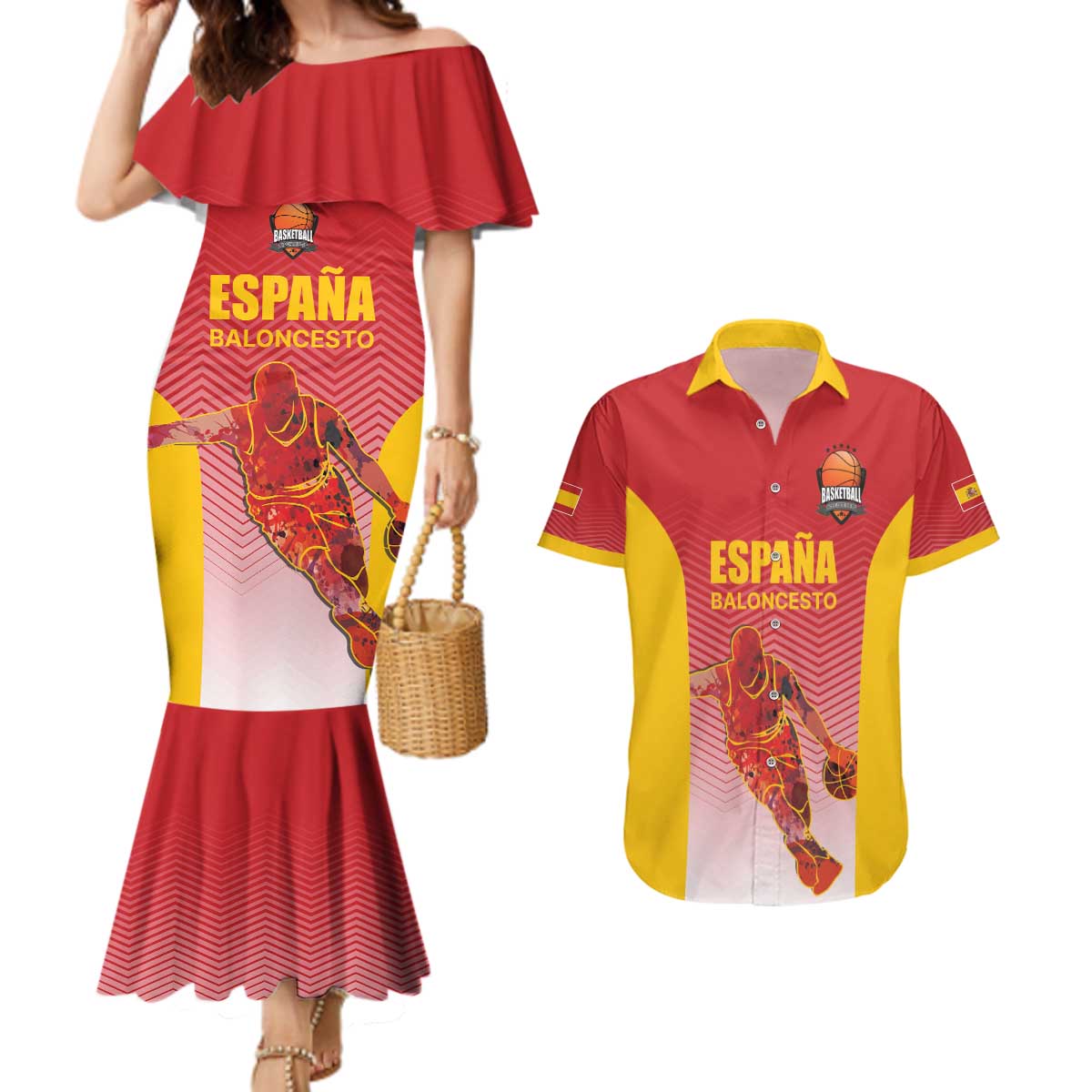 Custom Espana Basketball Spain Couples Matching Mermaid Dress and Hawaiian Shirt Baloncesto Come on La Roja Red Style