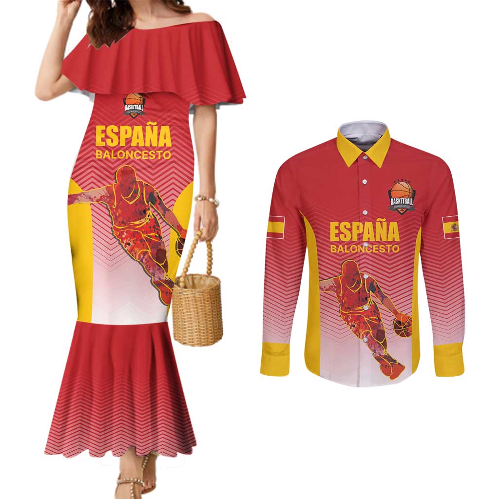Custom Espana Basketball Spain Couples Matching Mermaid Dress and Long Sleeve Button Shirt Baloncesto Come on La Roja Red Style