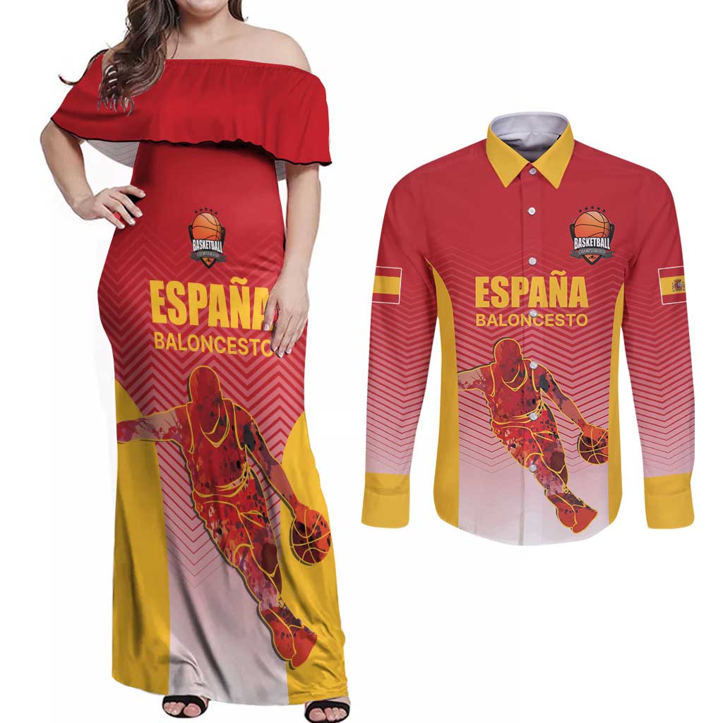 Custom Espana Basketball Spain Couples Matching Off Shoulder Maxi Dress and Long Sleeve Button Shirt Baloncesto Come on La Roja Red Style