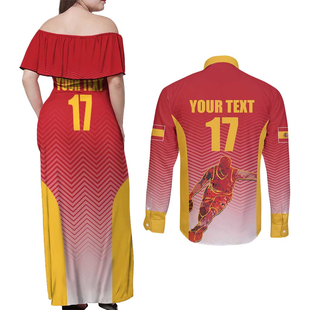 Custom Espana Basketball Spain Couples Matching Off Shoulder Maxi Dress and Long Sleeve Button Shirt Baloncesto Come on La Roja Red Style