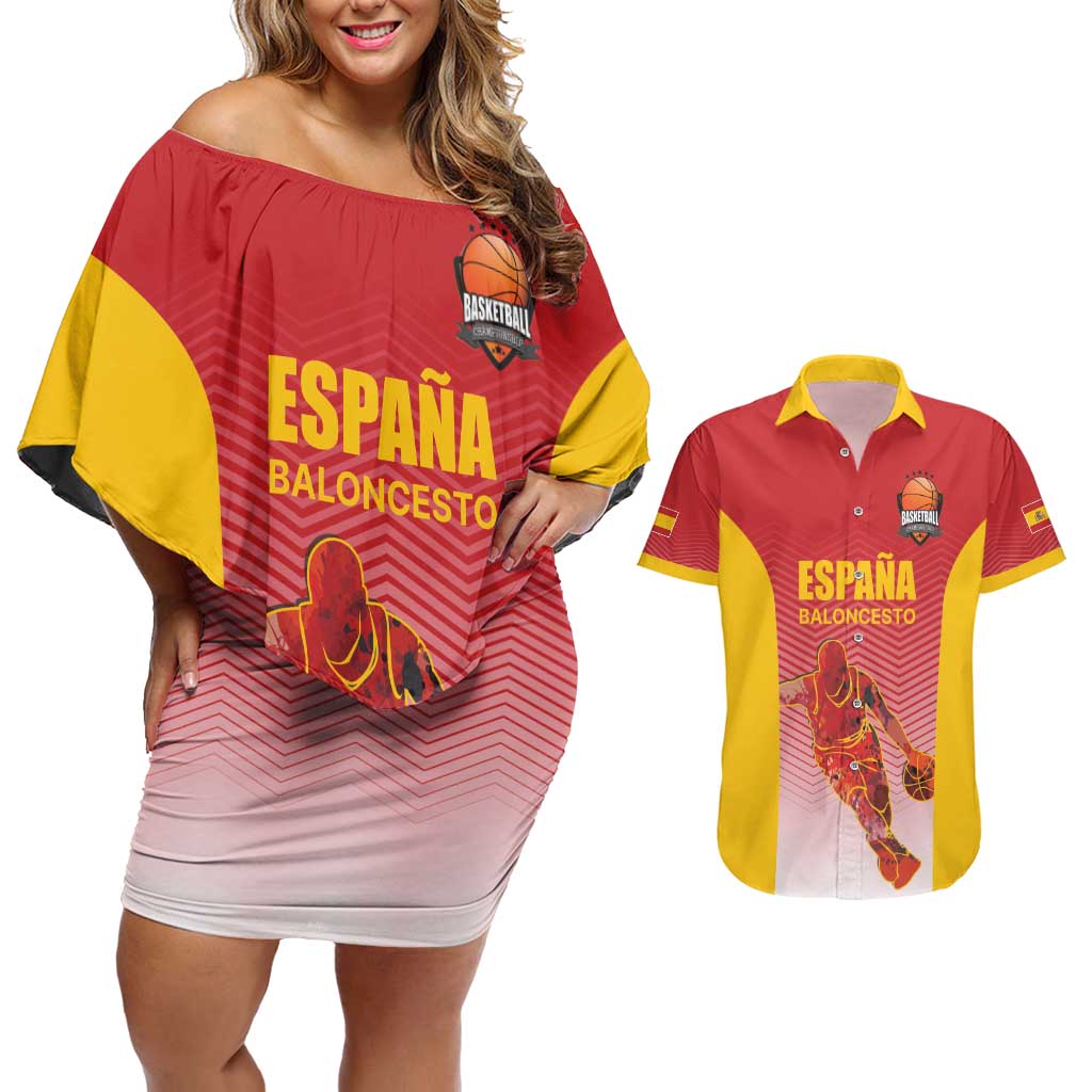 Custom Espana Basketball Spain Couples Matching Off Shoulder Short Dress and Hawaiian Shirt Baloncesto Come on La Roja Red Style