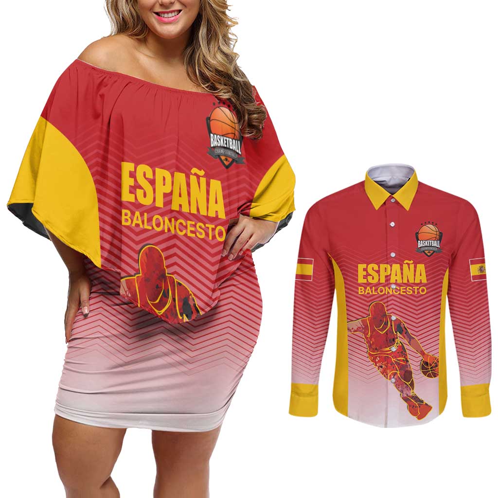 Custom Espana Basketball Spain Couples Matching Off Shoulder Short Dress and Long Sleeve Button Shirt Baloncesto Come on La Roja Red Style