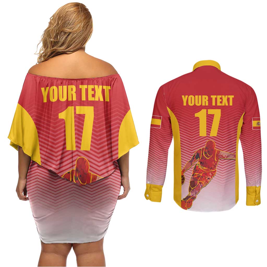 Custom Espana Basketball Spain Couples Matching Off Shoulder Short Dress and Long Sleeve Button Shirt Baloncesto Come on La Roja Red Style