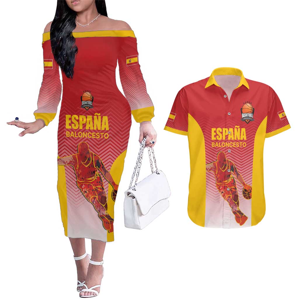 Custom Espana Basketball Spain Couples Matching Off The Shoulder Long Sleeve Dress and Hawaiian Shirt Baloncesto Come on La Roja Red Style