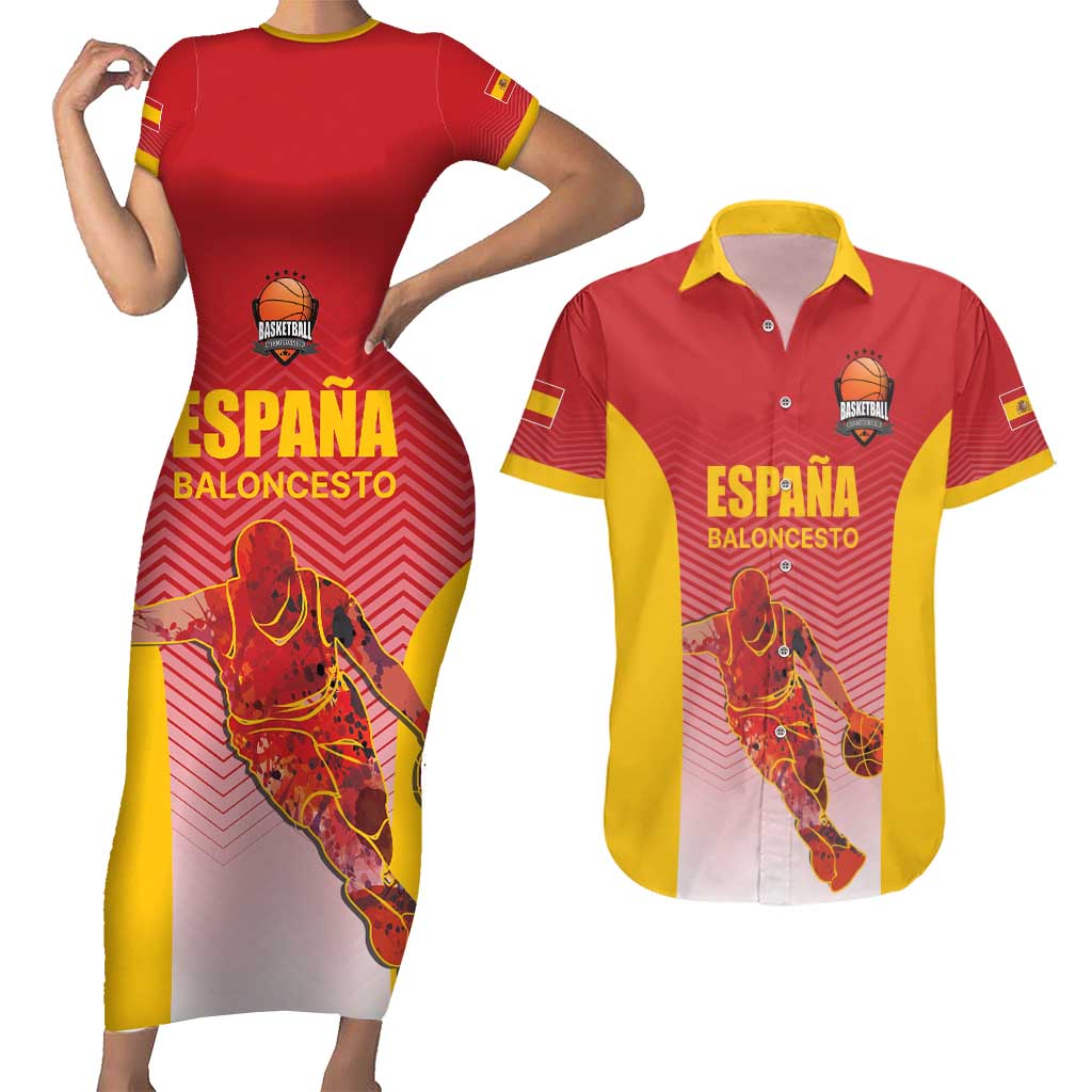 Custom Espana Basketball Spain Couples Matching Short Sleeve Bodycon Dress and Hawaiian Shirt Baloncesto Come on La Roja Red Style