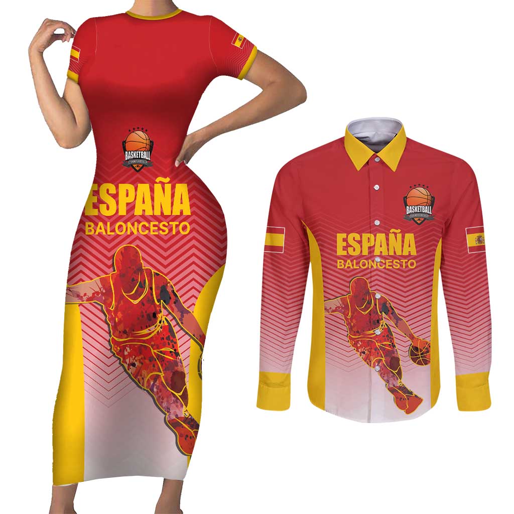 Custom Espana Basketball Spain Couples Matching Short Sleeve Bodycon Dress and Long Sleeve Button Shirt Baloncesto Come on La Roja Red Style