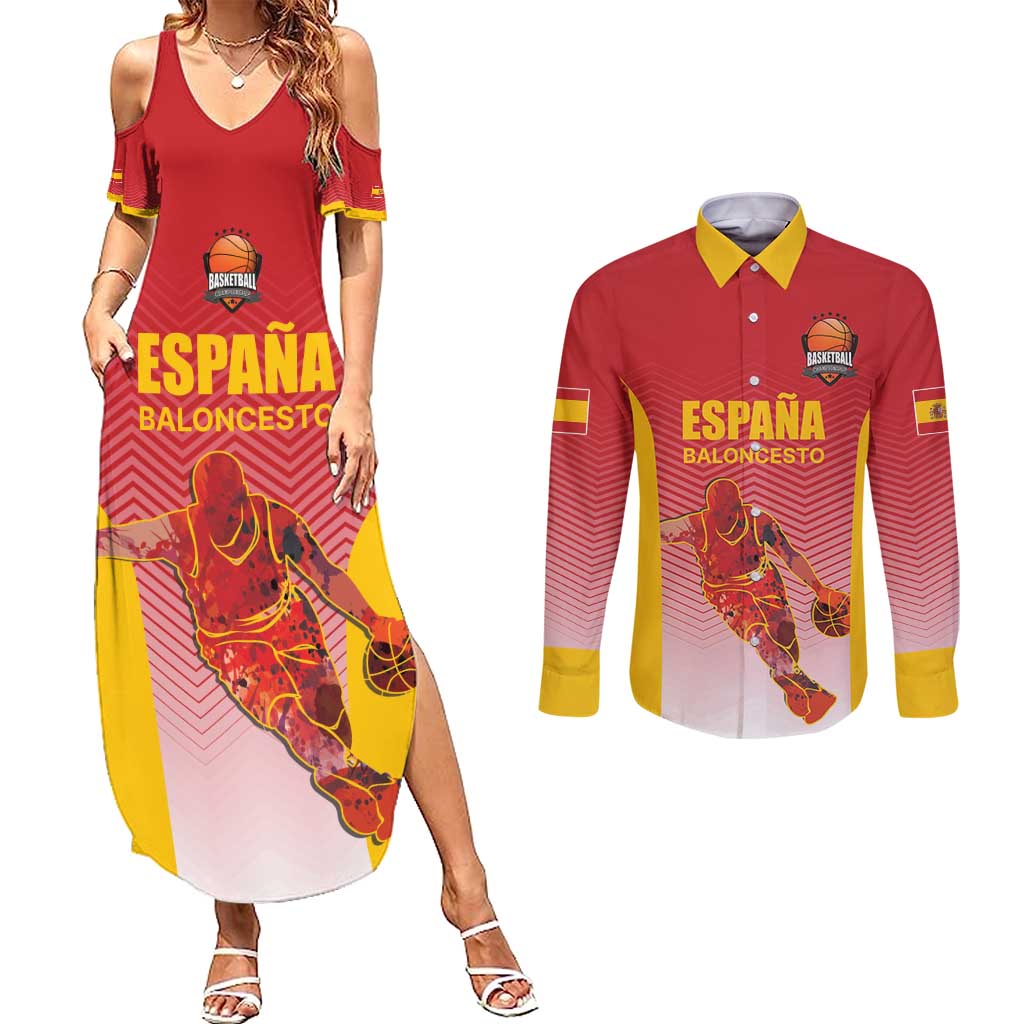 Custom Espana Basketball Spain Couples Matching Summer Maxi Dress and Long Sleeve Button Shirt Baloncesto Come on La Roja Red Style