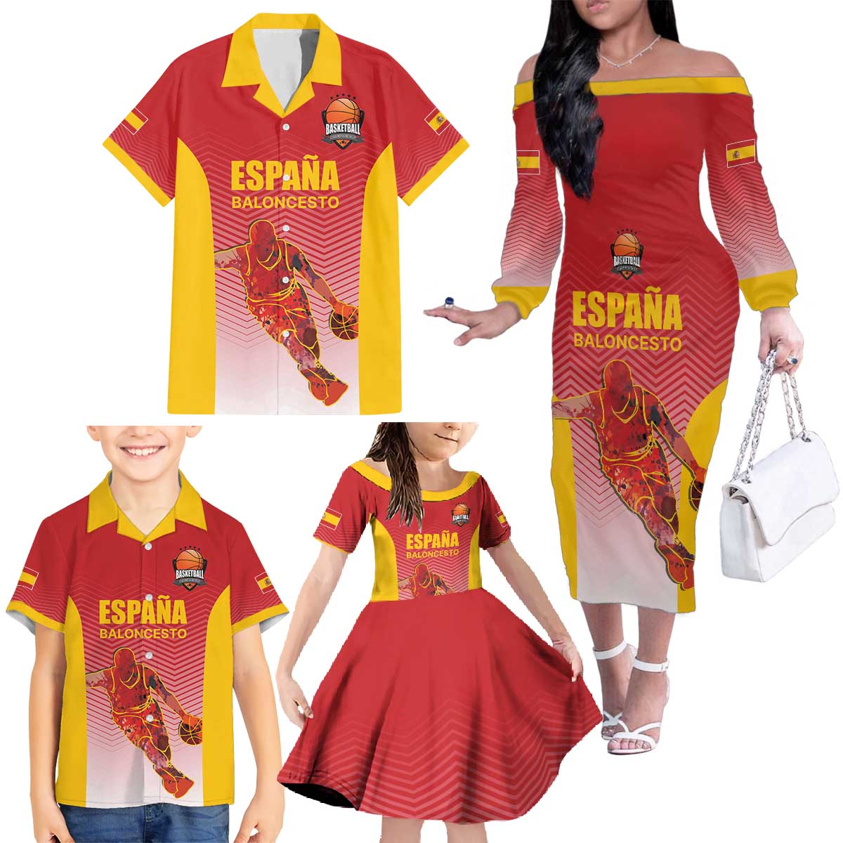 Custom Espana Basketball Spain Family Matching Off The Shoulder Long Sleeve Dress and Hawaiian Shirt Baloncesto Come on La Roja Red Style