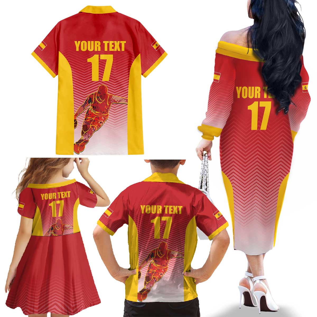 Custom Espana Basketball Spain Family Matching Off The Shoulder Long Sleeve Dress and Hawaiian Shirt Baloncesto Come on La Roja Red Style
