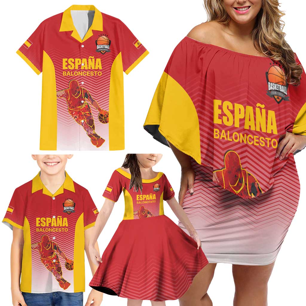 Custom Espana Basketball Spain Family Matching Off Shoulder Short Dress and Hawaiian Shirt Baloncesto Come on La Roja Red Style