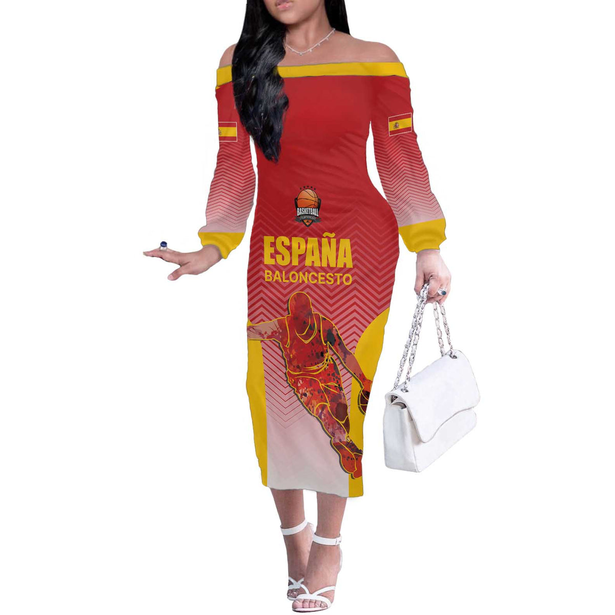 Custom Espana Basketball Spain Off The Shoulder Long Sleeve Dress Baloncesto Come on La Roja Red Style